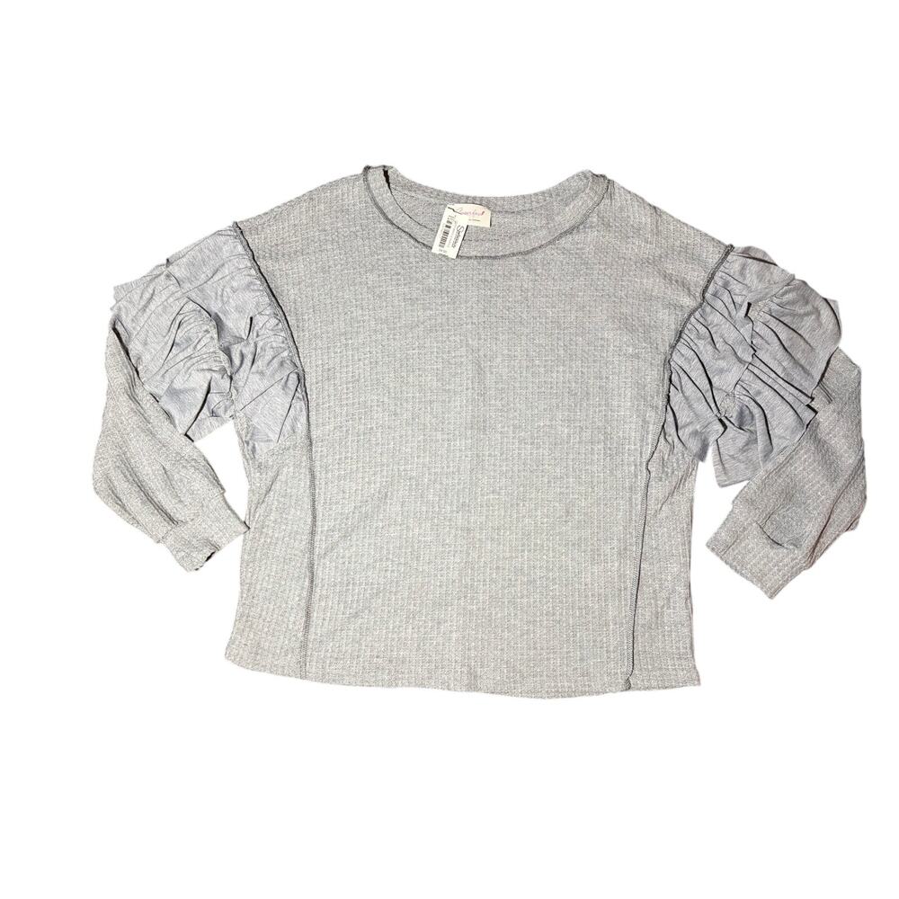 Sugarfox Women's Gray Ruffle Sleeve Long Sleeve Blouse Size Large